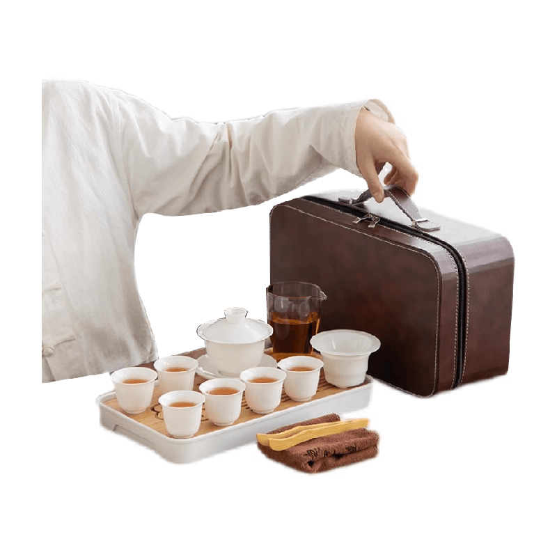 羊脂玉旅行茶具套装家用茶盘白瓷盖碗功夫茶杯车载户外露营便携式