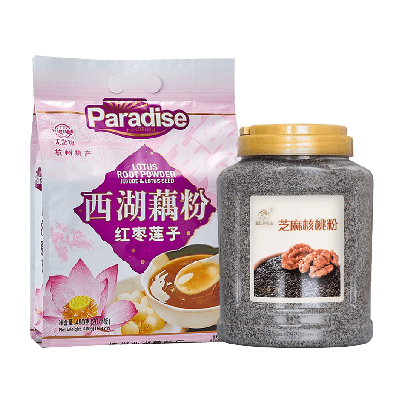 金百岁农庄芝麻核桃粉500g+天堂红枣莲子纯藕粉480g实惠早餐组合