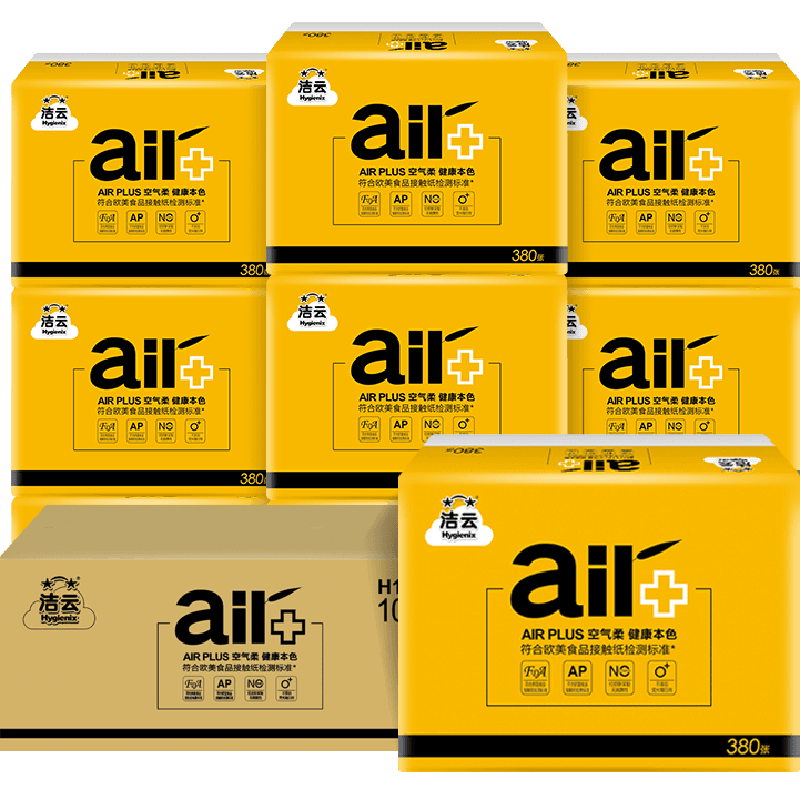 洁云方包纸AIRPlus空气柔190抽（380张）本色平板卫生纸10包装