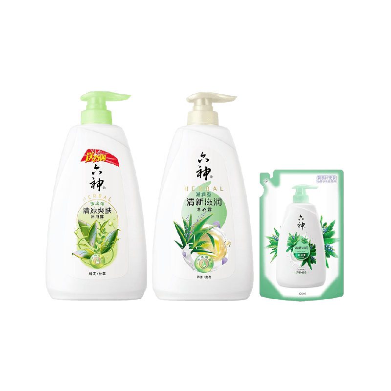 六神沐浴露绿茶加量装1kg+芦荟1kg+芦荟420ml
