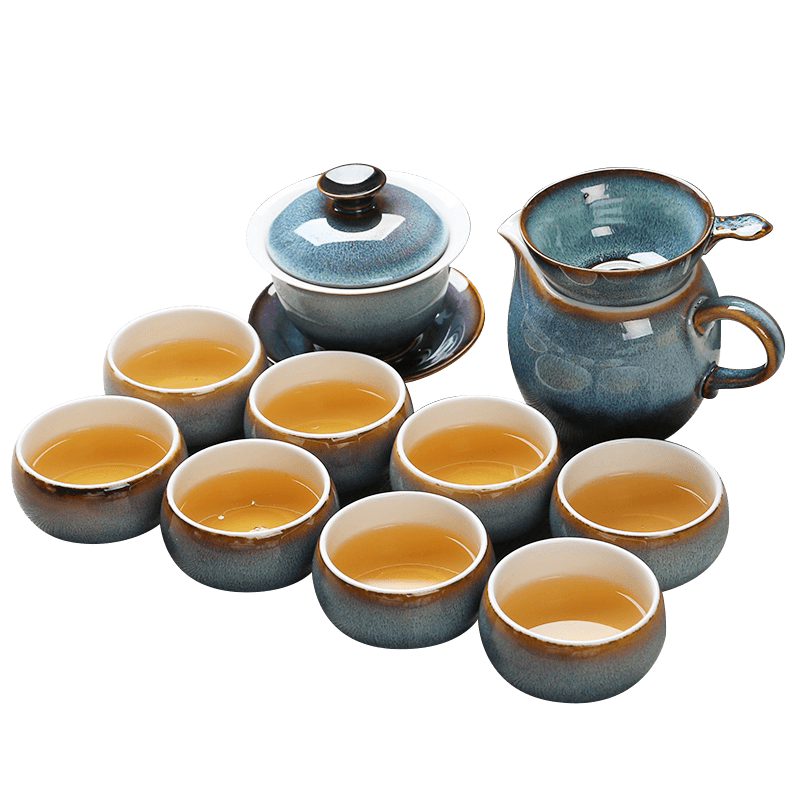 苏氏陶瓷 茶具套装新窑变银丝釉泡茶碗三才盖碗11头礼盒装