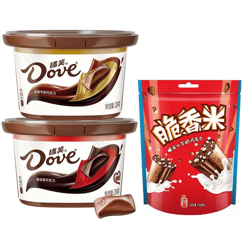 德芙脆香米牛奶浓黑巧克力234g*2碗+120g*1袋休闲零食喜糖果