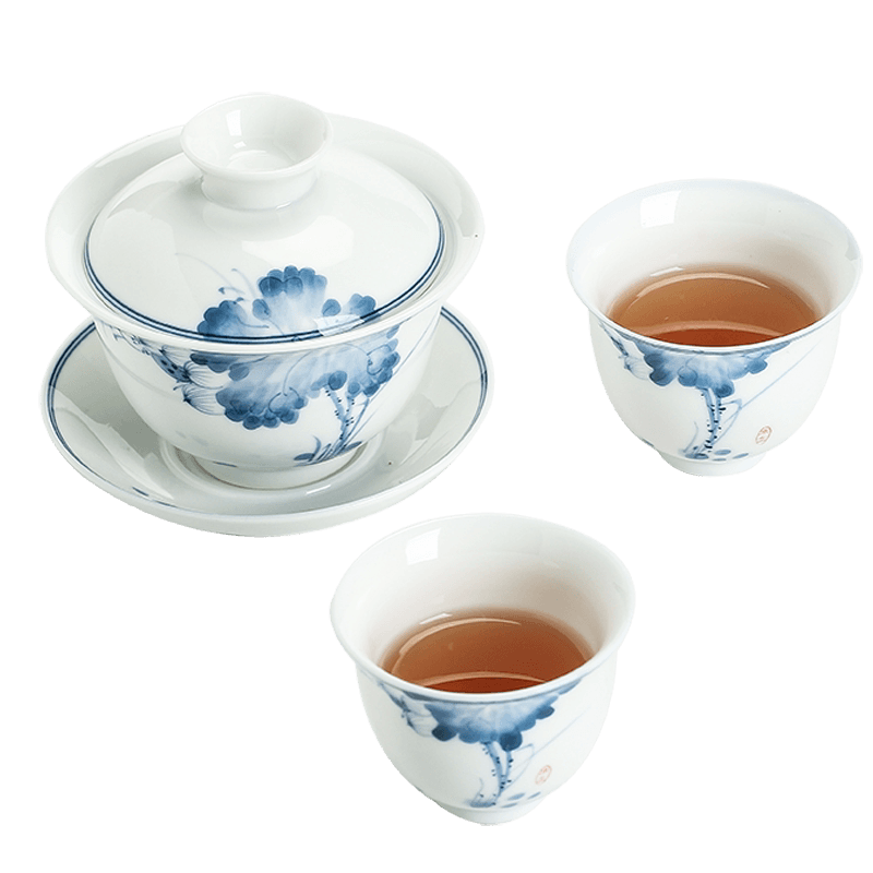 苏氏陶瓷 三才盖碗手绘青花陶瓷薄胎功夫泡茶碗带两个茶杯礼盒装