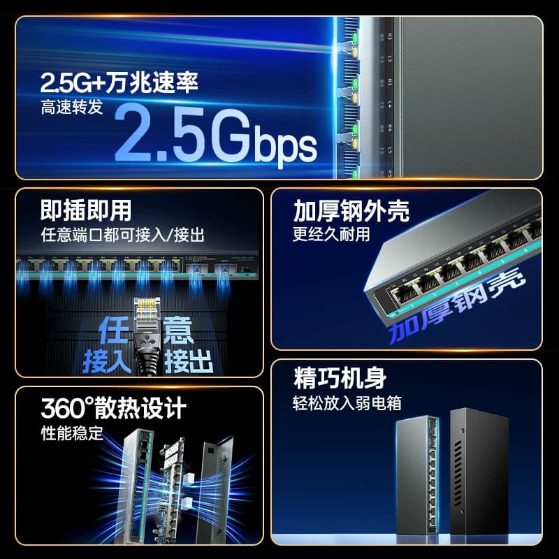 山泽5口2.5G交换机8口2.5G双10G万兆SPF光口企业监控网络钢壳交换器分流器猫棒光猫NAS适用家用网络扩展端口,详情图 2