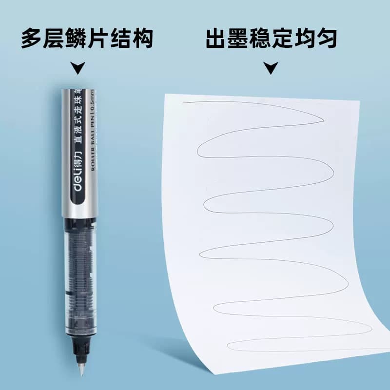 得力直液笔0.5mm中性笔全针管直液式S656走珠笔大容量直液式黑笔蓝色红色办公商务签字笔学生刷题备考考试笔,详情图 4
