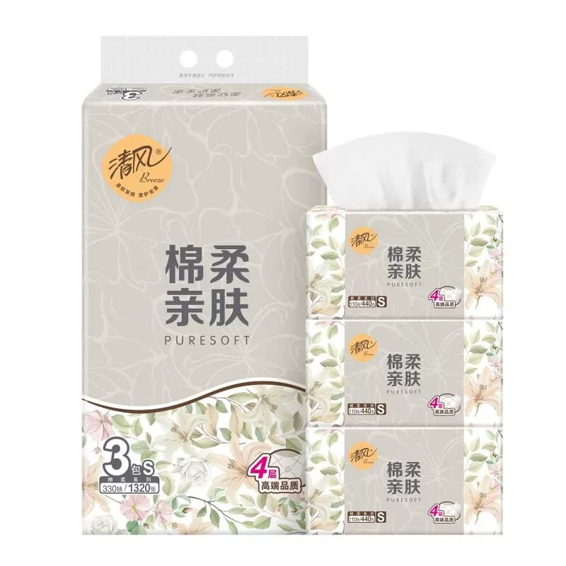 清风纸巾绵柔系列质感抽纸实惠4层110抽3包/提单提装BR33SXN
