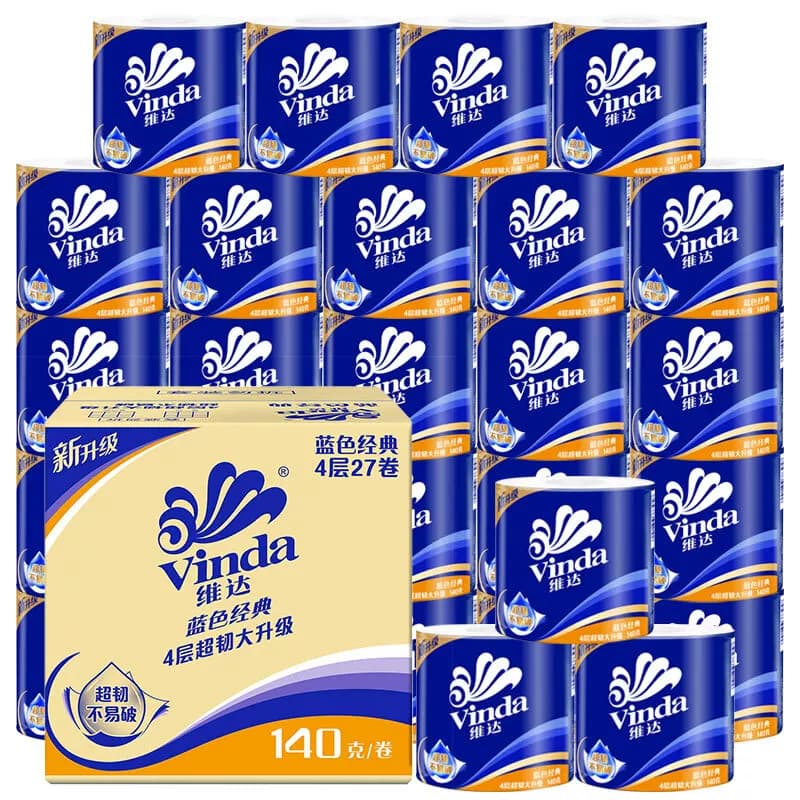 维达蓝色经典有芯卷纸4层140克27卷整箱家用卫生纸可溶解卷筒纸