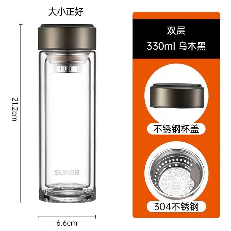 苏泊尔玻璃杯双层耐高温防烫水杯330ml商务办公车载男女茶杯
