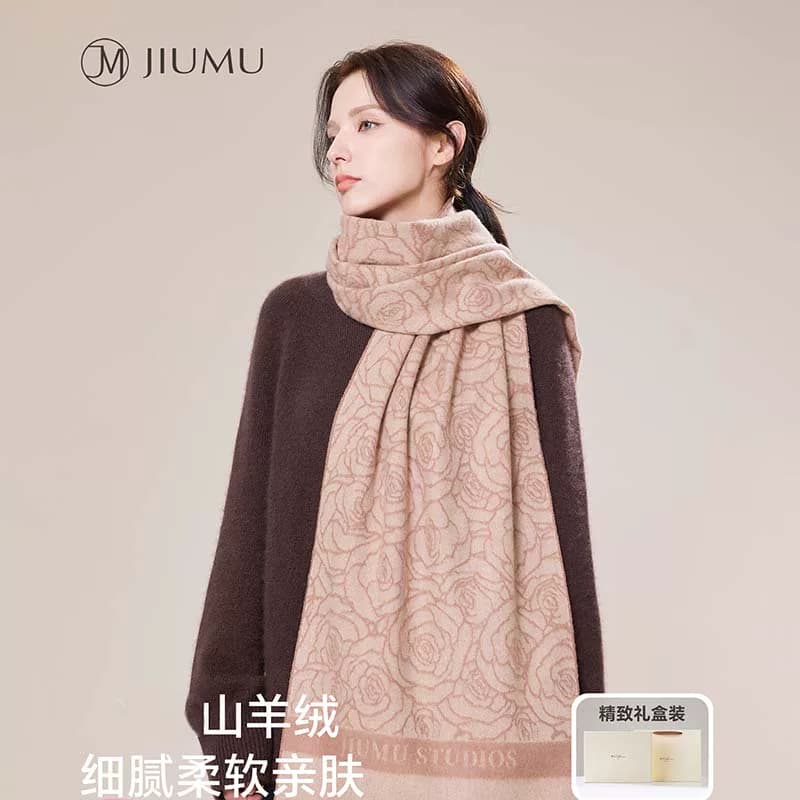 玖慕（JIUMU）纯羊绒围巾女秋冬保暖百搭加宽披肩两用围脖玫瑰