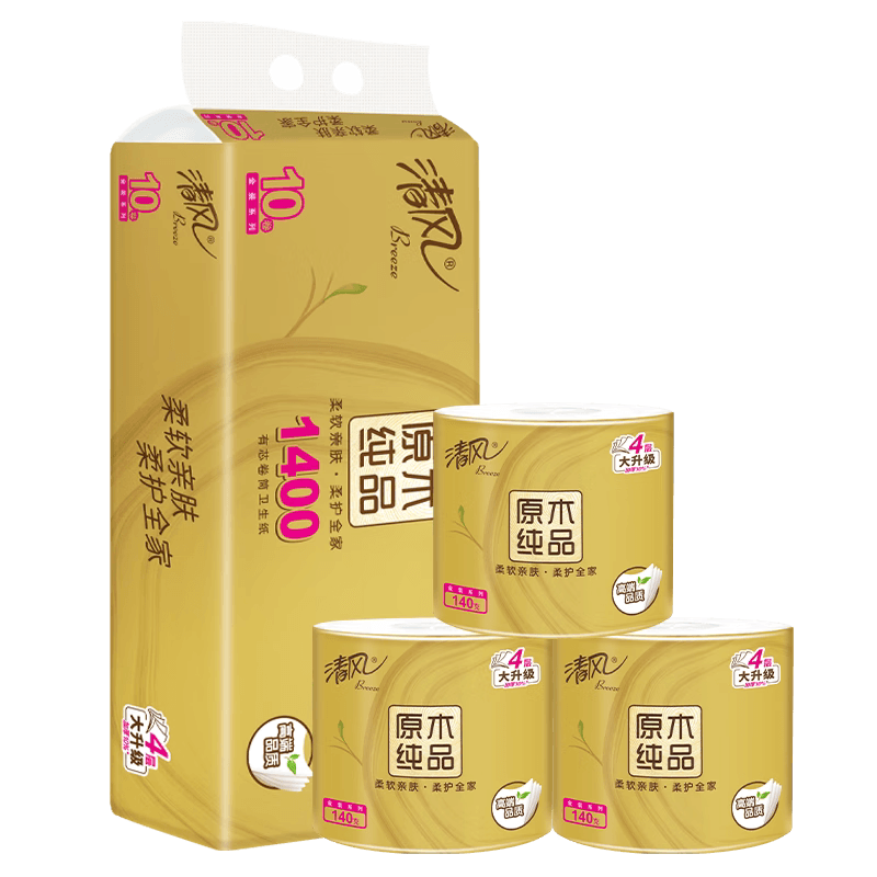 清风原木金装4层加厚140克/卷 10卷/提装有芯纸卫生卷纸B22AFJ3