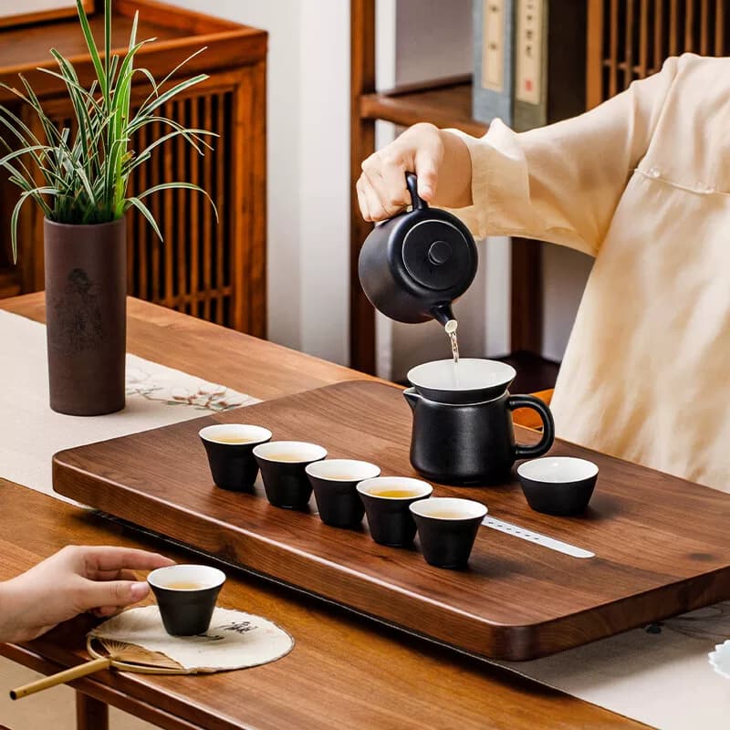 鸣盏MZ8011功夫黑陶茶具套装家用办公茶盘单位：套