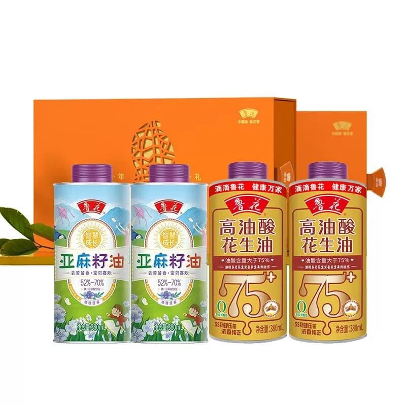 鲁花臻品高端礼盒高油酸花生油380ml*2亚麻籽油380ml*2