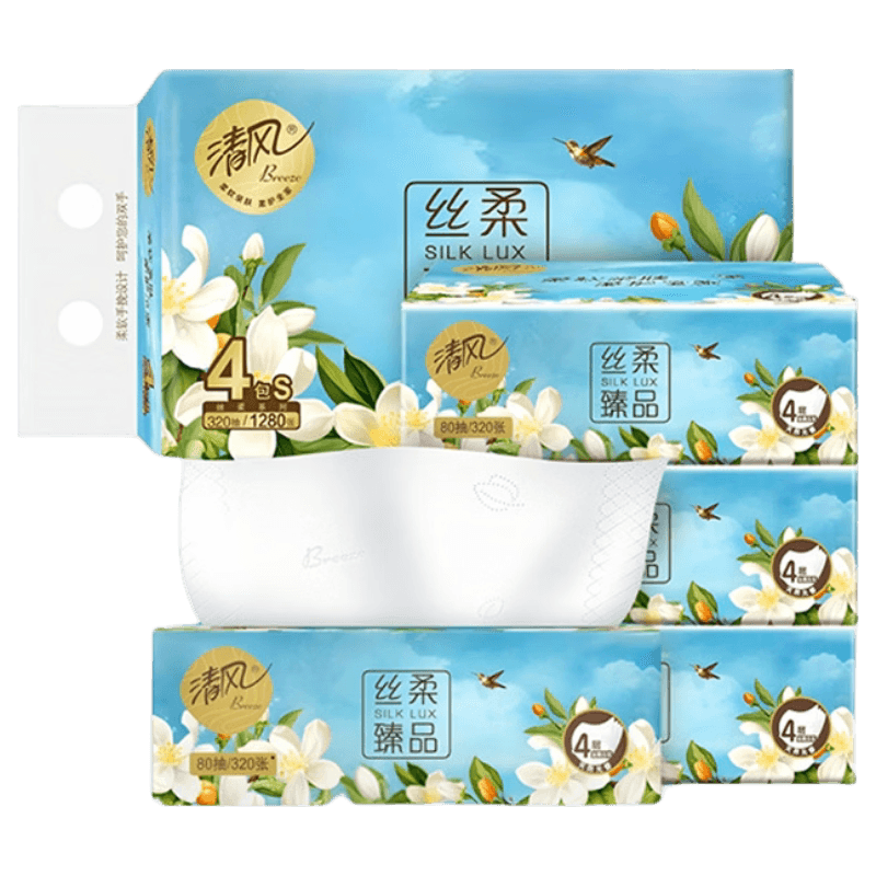 清风丝柔臻品4层80抽/包 4包1提 面巾纸 加厚 纸抽提装BR41SHC3