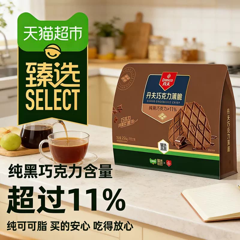 猫超臻选华夫饼干纯脂巧克力薄脆口口清脆品质优选美味零食256g,详情图 2