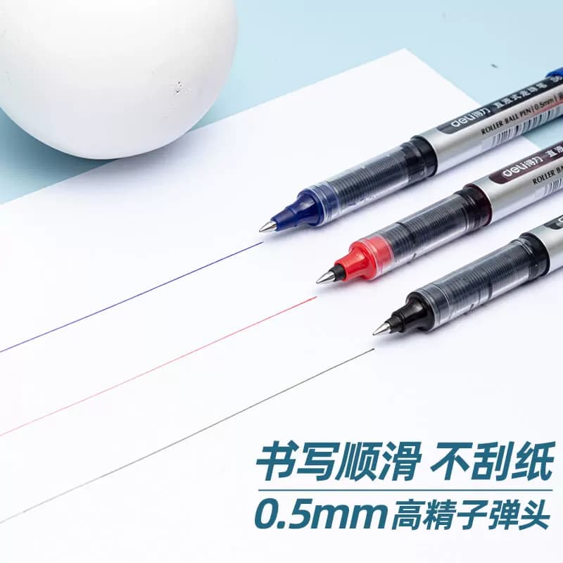 得力直液笔0.5mm中性笔全针管直液式S656走珠笔大容量直液式黑笔蓝色红色办公商务签字笔学生刷题备考考试笔,详情图 3