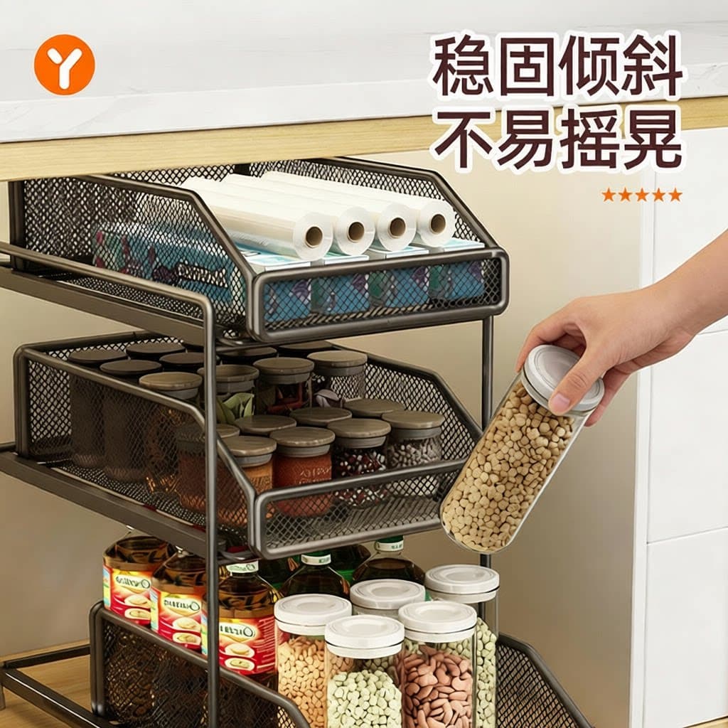 厨房抽拉式置物架架子双层下水槽超深抽屉拉篮收纳神器【企采】,详情图 2
