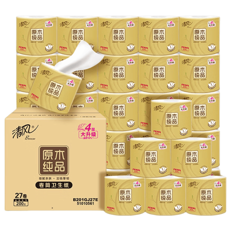 清风有芯卷纸原木金装4层200克/卷27卷整箱卫生纸纸巾卷B201GJ27E