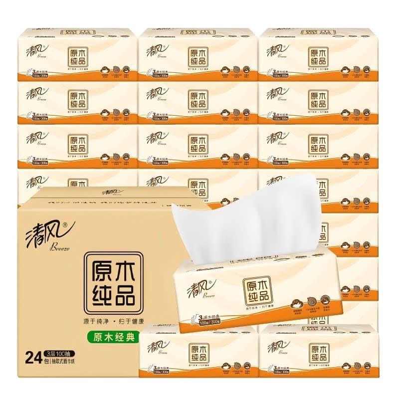 清风新升级原木纯品3层100抽 24包整箱XS码抽纸整箱BR12XSC24BC