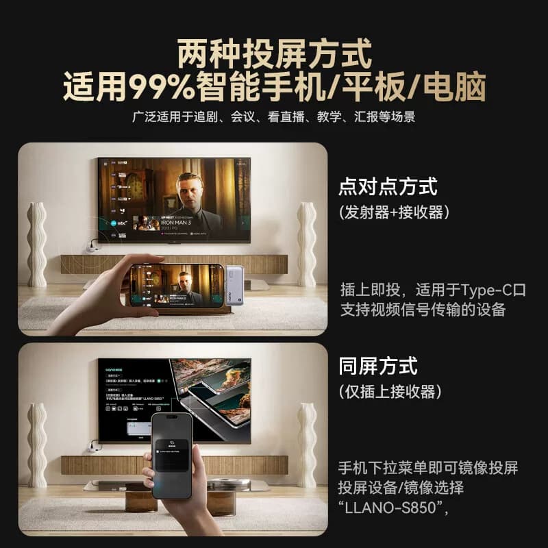 绿巨能无线投屏器新款投屏魔盒hdmi手机连电视同屏神器点对点1套,详情图 6