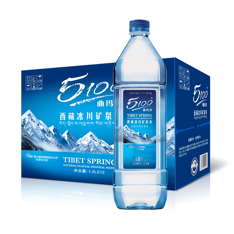5100西藏冰川矿泉水1.5升*12瓶*2箱大瓶装家庭矿泉水天然弱碱性
