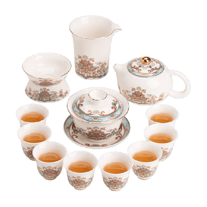 苏氏陶瓷(SUSHI CERAMICS)羊脂玉敦煌宝相花盖碗西施壶茶具套装
