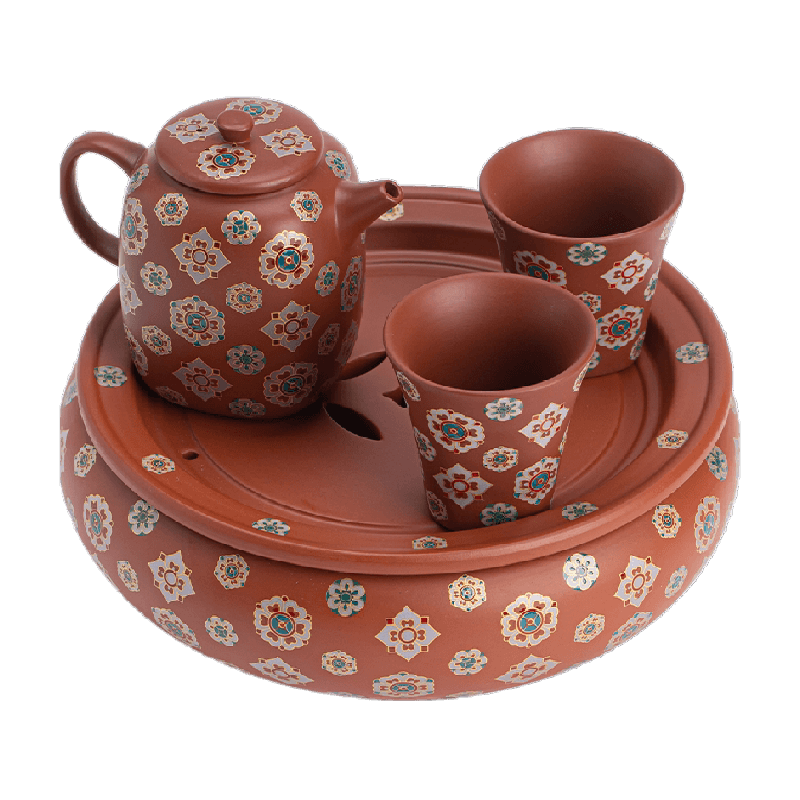 苏氏陶瓷(SUSHI CERAMICS)紫砂朱泥宝相花四方茶壶茶具套装