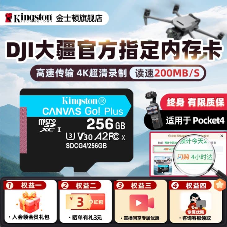 金士顿tf卡256G大疆pocket3/4无人机存储action5内存卡影石内存卡,详情图 1